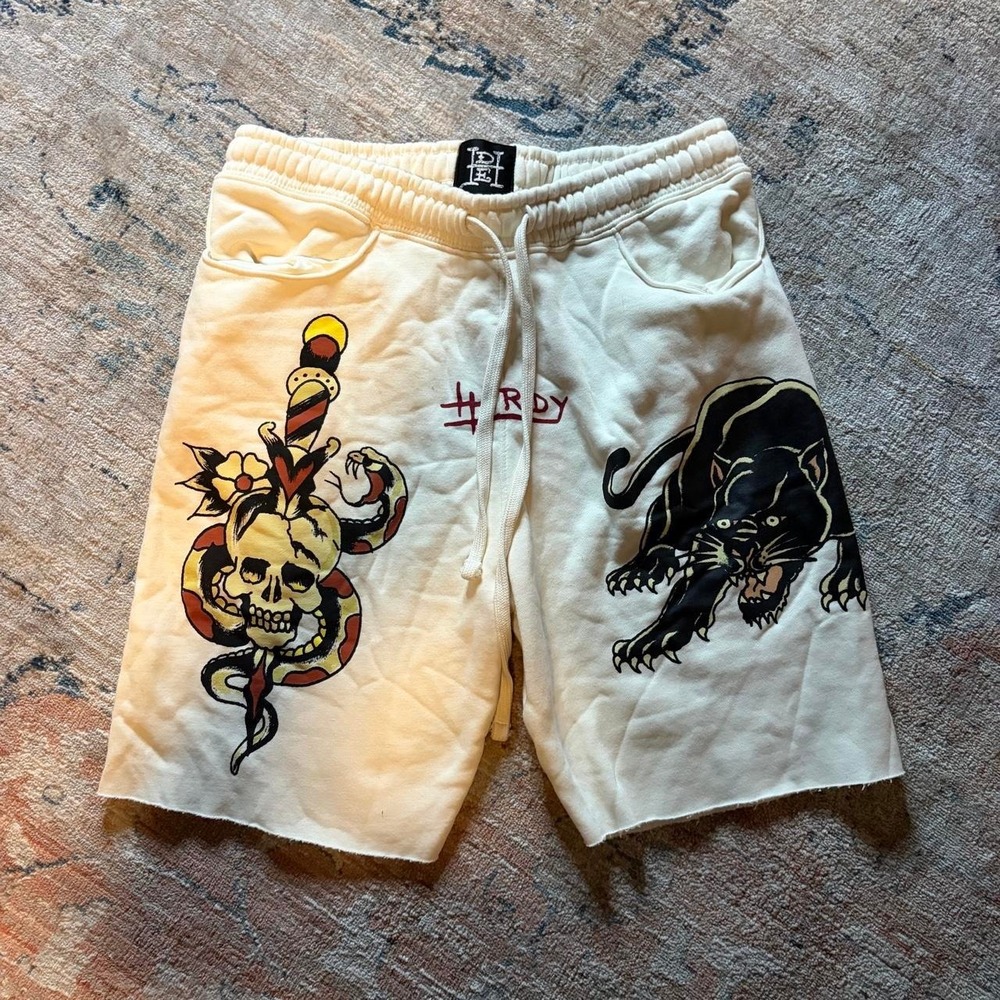 Ed Hardy Mens Cream Y2K Grunge Biker Skull Panther Graphic Sweat Shorts Small